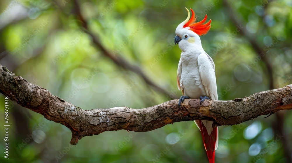 Poster a white and red cockatoo with a red mohawk is perched on a gnarled tree branch, showcasing its vibra