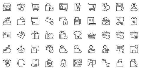 Line icons about shopping and shipping as buy, store, payment method and delivery. Editable stroke and pixel perfect.