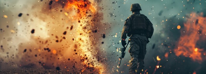 A soldier is walking through a battlefield with a lot of fire and debris. The scene is intense and chaotic, with the soldier being the only one present - obrazy, fototapety, plakaty