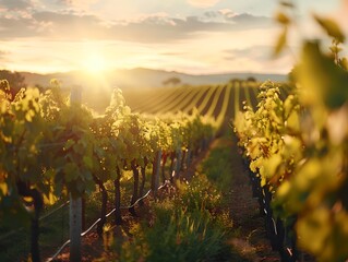 Obraz premium Vineyard at sunny day, green vines and ripe grapes