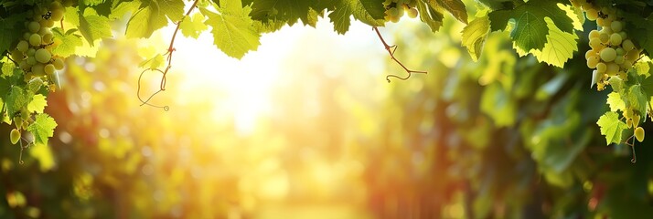 Vineyard at sunny day, green vines and ripe grapes