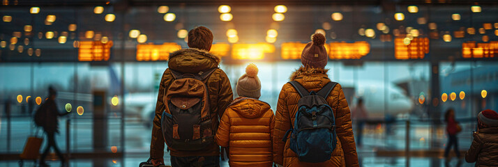 Family at Airport during Sunset. Warmly lit digital art scenes of family travel and departure with reflective surfaces and golden hour lighting. Adventure concept with copy space for design and print.