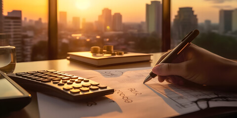 Close up of Business Woman Working and Calculating in the Office at Sunset. Women Accountants at Work