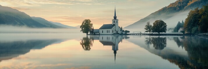 A serene lakeside church reflected in the calm waters at dawn, with fog gently rolling in - obrazy, fototapety, plakaty