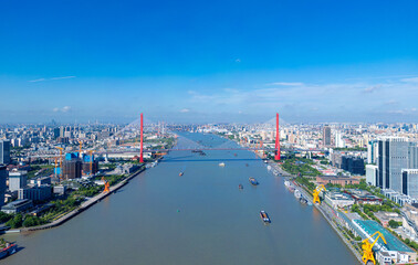 Obraz premium Urban Environment of Yangpu Bridge in Shanghai, China