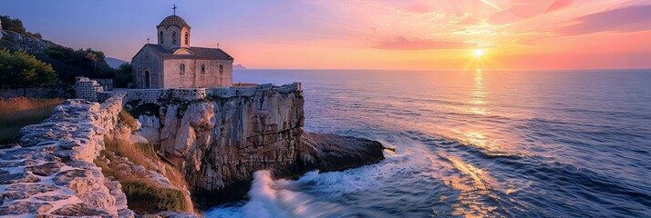 An ancient stone church perched on a cliff overlooking the sea, with waves crashing below as the sun sets  - Powered by Adobe