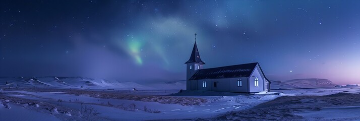 A remote church under the mesmerizing Northern Lights, in a landscape of untouched snow