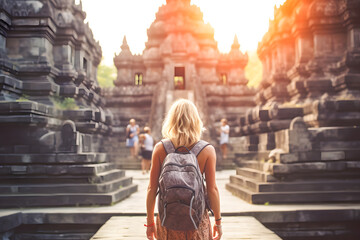 A woman with a backpack admires the beauty of a temple during her travel