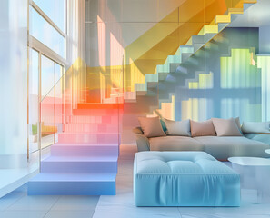 Modern interior. Rainbow colors. Glassy stairs reflecting light.