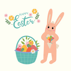 Happy Easter banner, poster, greeting card. Trendy Easter design with lettering, flowers, eggs and happy bunny, in pastel colors on beige background. Flat vector illustration.