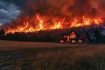 Residential home amid raging forest inferno - obrazy, fototapety, plakaty