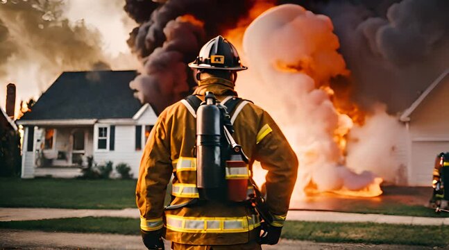 Portrait of a firefighter standing in front of a house fire