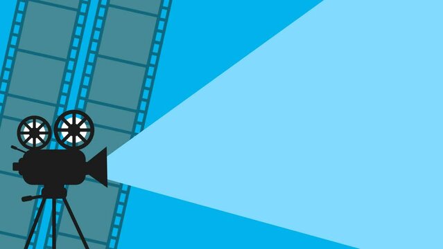 vintage film camera with light lens. film frame strip background with lamp light. film theater background. great for thumbnails, backgrounds or vintage movie intro templates