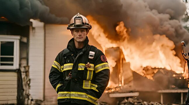 Portrait of a firefighter standing in front of a house fire