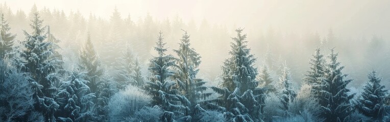 A forest blanketed in snow, with numerous trees standing tall and covered in a thick layer of white. The scene captures the winter beauty of the landscape, showcasing the cold and serene atmosphere.