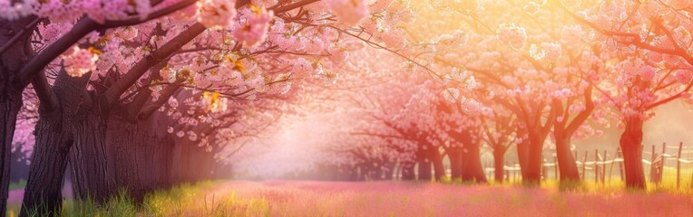 A detailed painting depicting a tree-lined road with vibrant pink flowers in bloom, creating a...