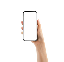 Hand holding the black smartphone with blank screen on white background.