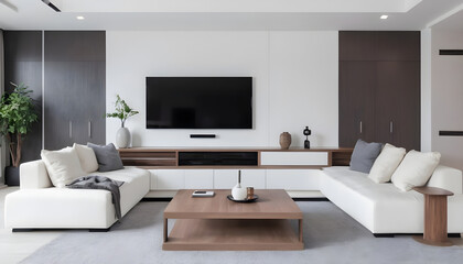 Fototapeta na wymiar White-sofa-and-tv-unit-in-spacious-room--Luxury-home-interior-design-of-modern-living-room--panorama