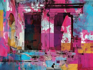 Old building with pink, blue and yellow paint. Grunge background. Decaying structure now revitalized, highlighting architectural details and vibrant colors. The image draws inspiration from the urban 