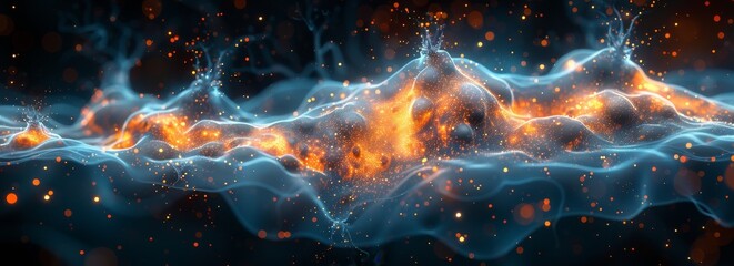 A computer-generated depiction of a powerful wave of fire, showcasing intense flames and heat energy in motion. The wave appears to be engulfing its surroundings with fierce intensity and velocity. - obrazy, fototapety, plakaty