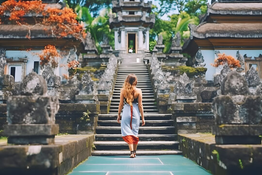 a woman is walking up a set of stairs to a temple