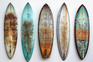 Vintage surfboards with different designs, white background, retro style.