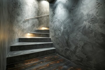 Modern Industrial Style Staircase with Concrete Walls and Wooden Steps Illuminated by Recessed...