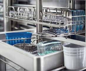 Industrial dishwasher in action guarantees spotless dishes and cutlery, highlighting efficiency and cleanliness in commercial kitchens.






