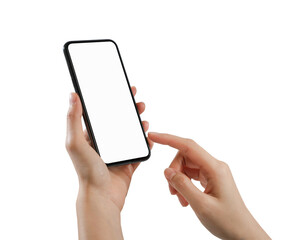 Hand holding the black smartphone with blank screen on white background.