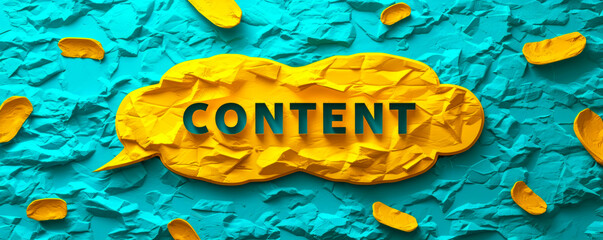Bright yellow speech bubble cutout with the word CONTENT on a vibrant turquoise background representing digital content creation and marketing
