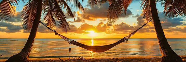 A hammock strung between two palm trees on a Maldivian beach, basking in the glow of a golden sunset - obrazy, fototapety, plakaty