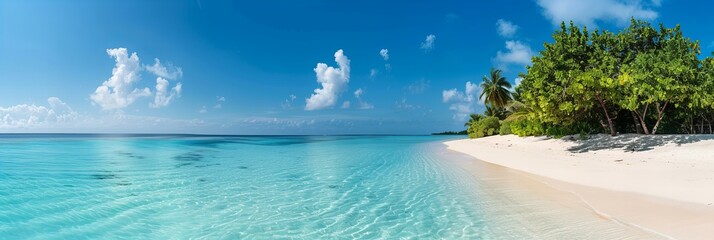 A pristine white sand beach with crystal-clear turquoise waters under a bright blue sky on the...