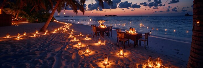 A romantic candlelit dinner set up on the sandy beach of the Maldives, under the stars