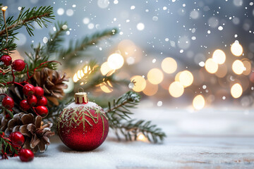 Christmas card background with space for text with red Christmas balls, pine branches, holly berries, bokeh lights on a snow covered table against blurred bokeh lights. Party invitation design