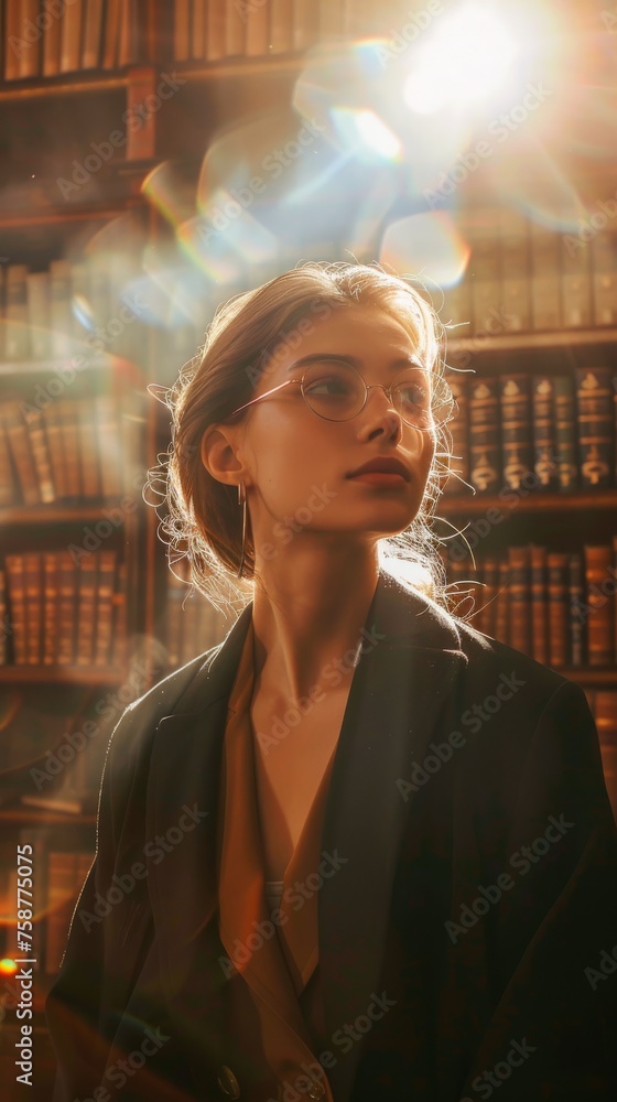 Poster A woman is standing upright in front of a tall bookshelf filled with books. She appears to be exploring the titles and possibly selecting one to read. The shelf is neatly organized with various genres