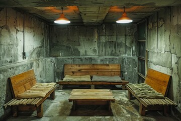 Abandoned Industrial Room with Vintage Wooden Benches and Hanging Lights - Dark, Moody Interior Space with Rustic Furniture