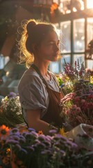 A woman is busy arranging colorful flowers in a flower shop. She is focused on her task, surrounded by various types of flowers and foliage. The shelves are filled with vases, pots, and floral accesso