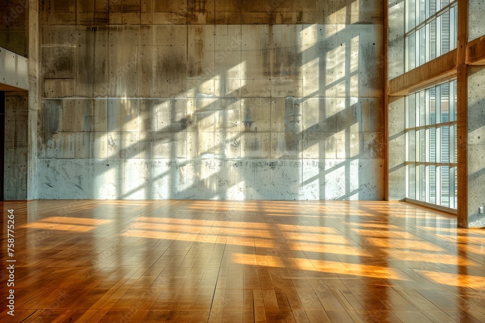 Poster warm sunlight streaming through windows casting shadows and lights on wooden floor in modern empty l