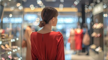 A woman in a red dress stands in a store looking at the shoes. The store is brightly lit and the woman is browsing the selection