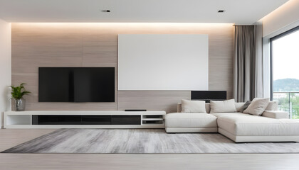  White-sofa-and-tv-unit-in-spacious-room--Luxury-home-interior-design-of-modern-living-room--panorama