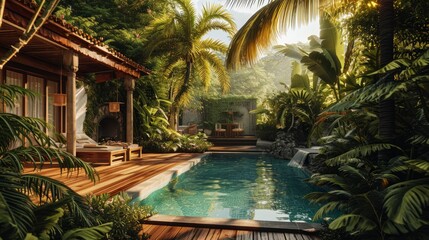 Generative AI Courtyard pool in a tropical house, palm trees, exotic plants, wooden deck,...