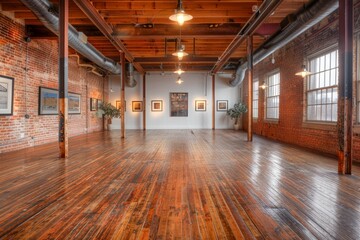 Spacious and Modern Art Gallery Interior with Exposed Brick Walls, Hardwood Floors, and Elegant...