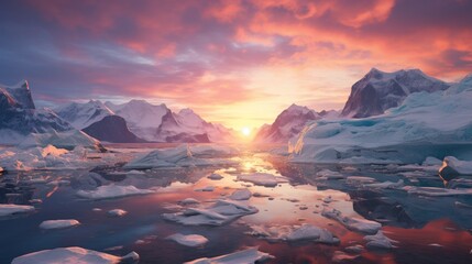 Generative AI Antarctic horizon at sunset - obrazy, fototapety, plakaty