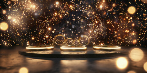 A 3D-rendered stage with three circular podiums bathed in warm, glowing lights