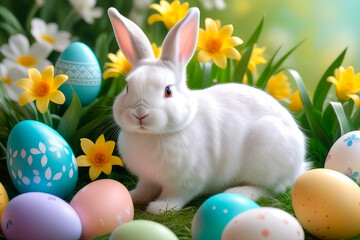 Colorful eggs and cute white Easter bunny with spring flowers.