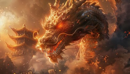 A Chinese dragon, surrounded by the golden light, with glowing eyes