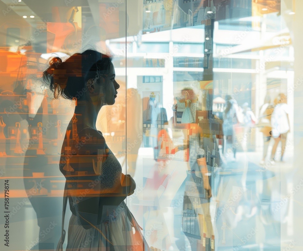 Poster a woman is standing in front of a large glass window, looking out onto the view beyond. her silhouet