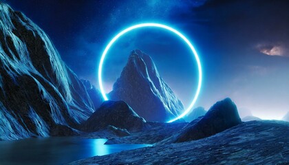 Naklejka na ściany i meble Neon Horizon: 3D Render of Futuristic Landscape with Glowing Blue Ring and Rocky Mountain Silhouette