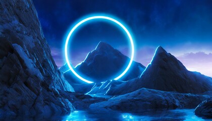 Neon Horizon: 3D Render of Futuristic Landscape with Glowing Blue Ring and Rocky Mountain Silhouette"