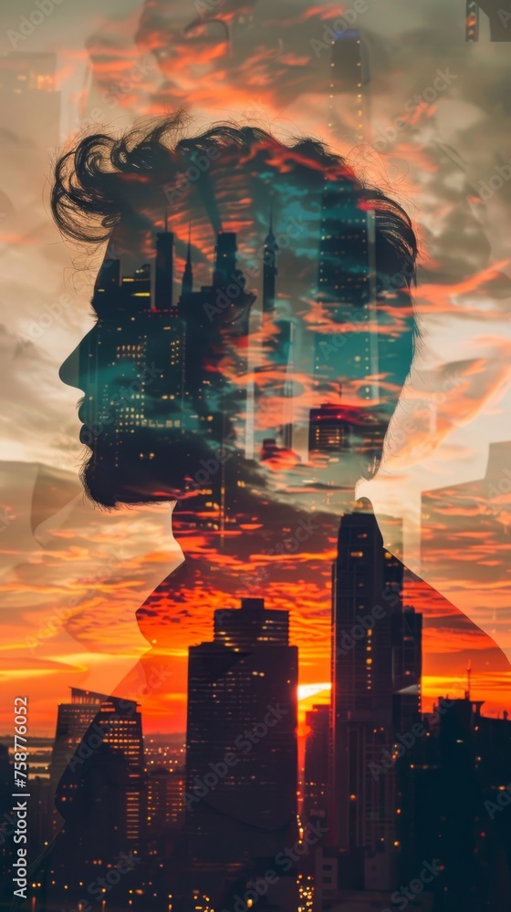 Poster A womans face is superimposed on a cityscape background, creating a striking double exposure effect. The womans features are clear against the buildings and streets of the city in the background.